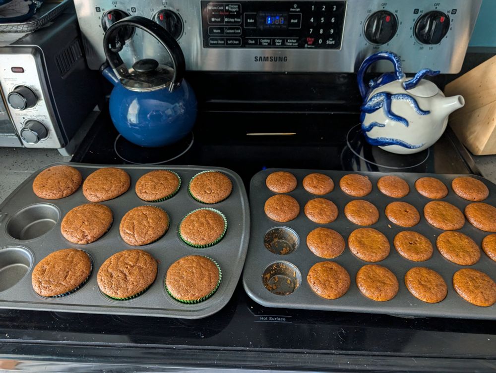 Stove top with two batches of pumpkin maple muffins (regular size on the left and minis on the right). 