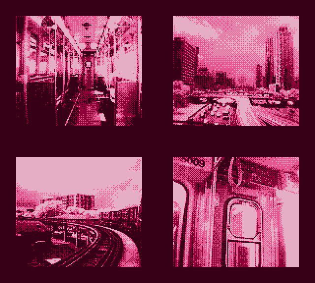 4 pictures in a grid, all pixelated in 4 pink shades, first shows an empty rail car, second a view of a highway with high rises nearby, third an elevated bend around a track, and fourth the picture of the door in the car