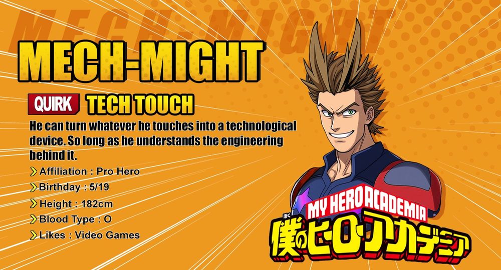 A "My Hero Academia" anime Quirk card for my original hero character called "Mech-Might"
Quick: Tech Touch - He can turn whatever he touches into a technological device. So long as he understands the engineering behind it.
Affiliation: Pro Hero
Birthday: 5/19
Height: 182 cm
Blood Type: O
Likes: Video Games