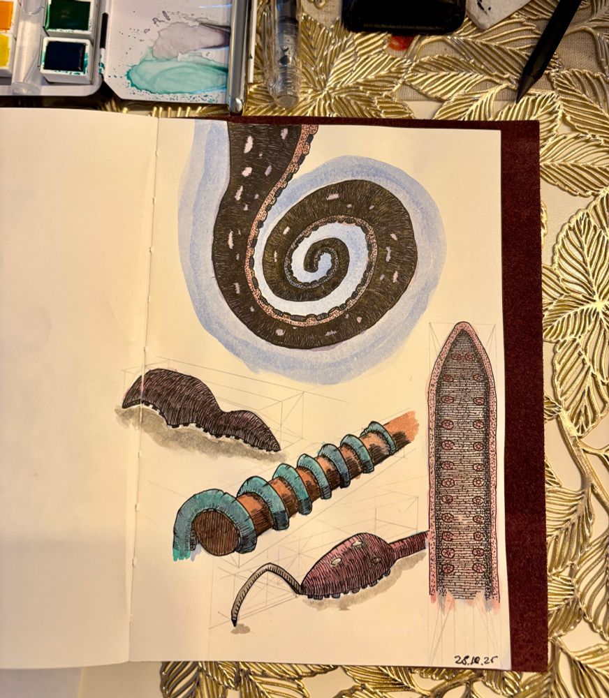 Watercolor and ink sketches of various tentacles