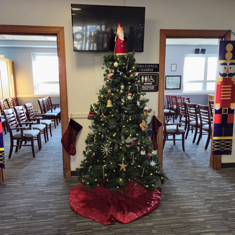 A Christmas tree stands between the two entrances to the Council meeting room in West Warwick Rhode Island.