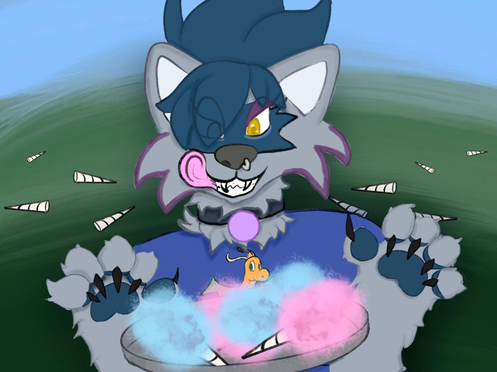 Honey is an absolute fiend for cotton candy just like I am for angel food cake rn lol, they are at festival that has a lot of cotton candy, wearing a Dragonite T-shirt that is blue.

