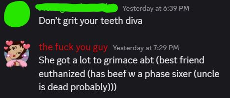 Discord chat
Person one: Don't grit your teeth diva
Person two: She got a lot to grimace abt (best friend euthanized (has beef w a phase sixer (uncle is dead probably)))