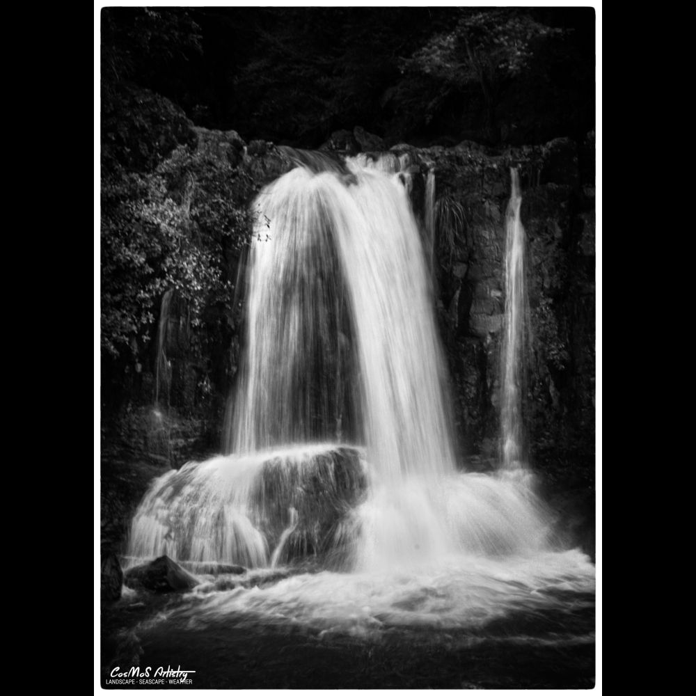 Black & white image of Hunua Falls, Auckland, New Zealand.