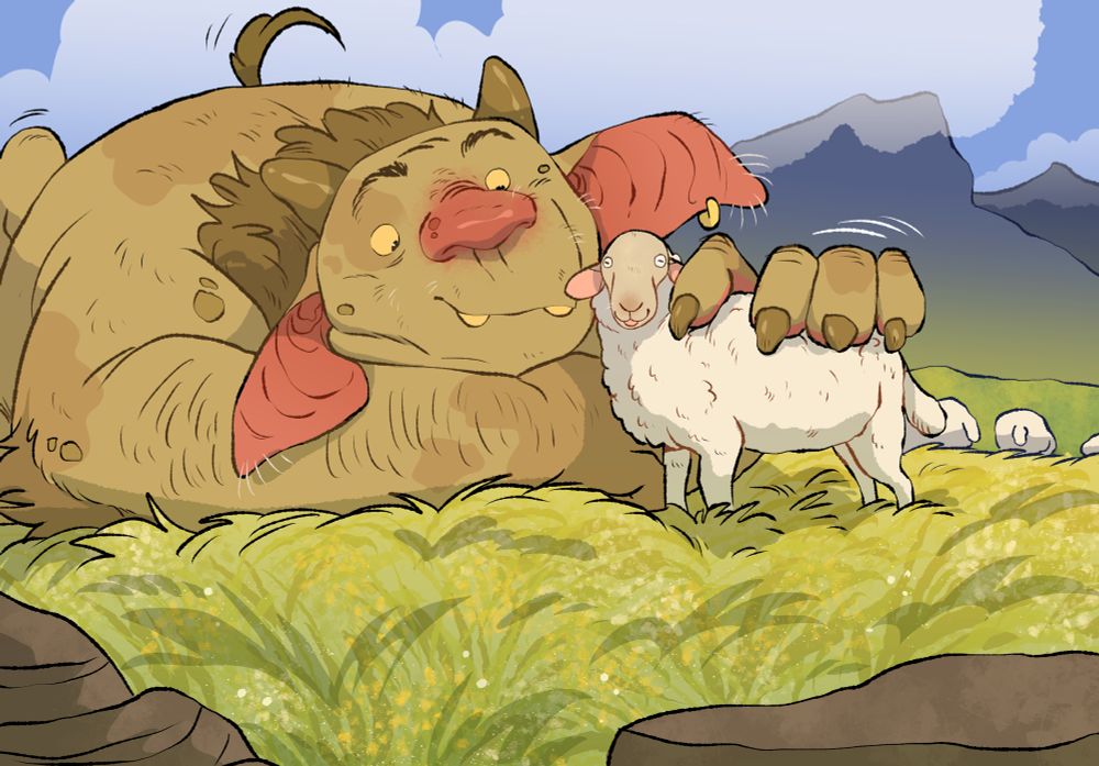 a digital drawing of a large green troll laying happily on their stomach in a field of grass. They have a big pink nose and large floppy ears. With one big hand it is petting a surprised/happy looking sheep. There are mountains and clouds in the background. 