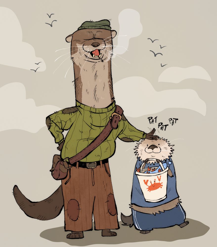 a cartoonishly drawn anthropomorphic short clawed otter wearing a green wool jumper, fisherman's beanie and brown trousers proudly patting the head of his grandson. The smaller otter is fluffy and white, and holding up a bucket of crabs he has caught 