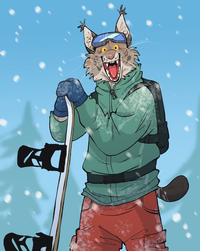 digital drawing of an anthro lynx lightly powdered in snow, leaning on a snowboard that is propped upright and grinning widely at the camera 