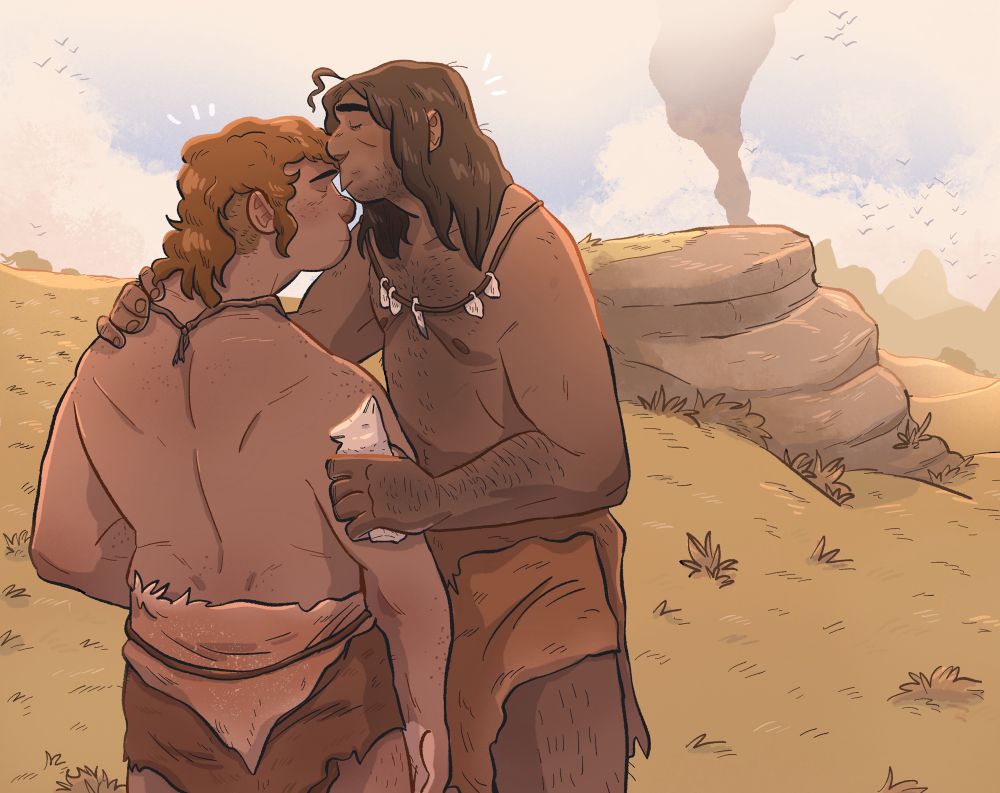 Two male neanderthals standing in a grassy plain. The taller man has darker skin and hair, and is gently cradling the shorter man, who is more stocky and has auburn hair.