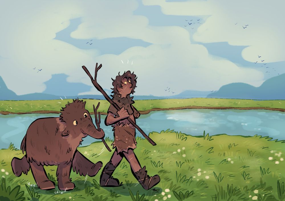a young neanderthal boy walking along a river in an open grassy plain. He is holding a big stick and is missing his left arm. Alongside him is a baby mammoth, who is also holding a branch in its trunk.