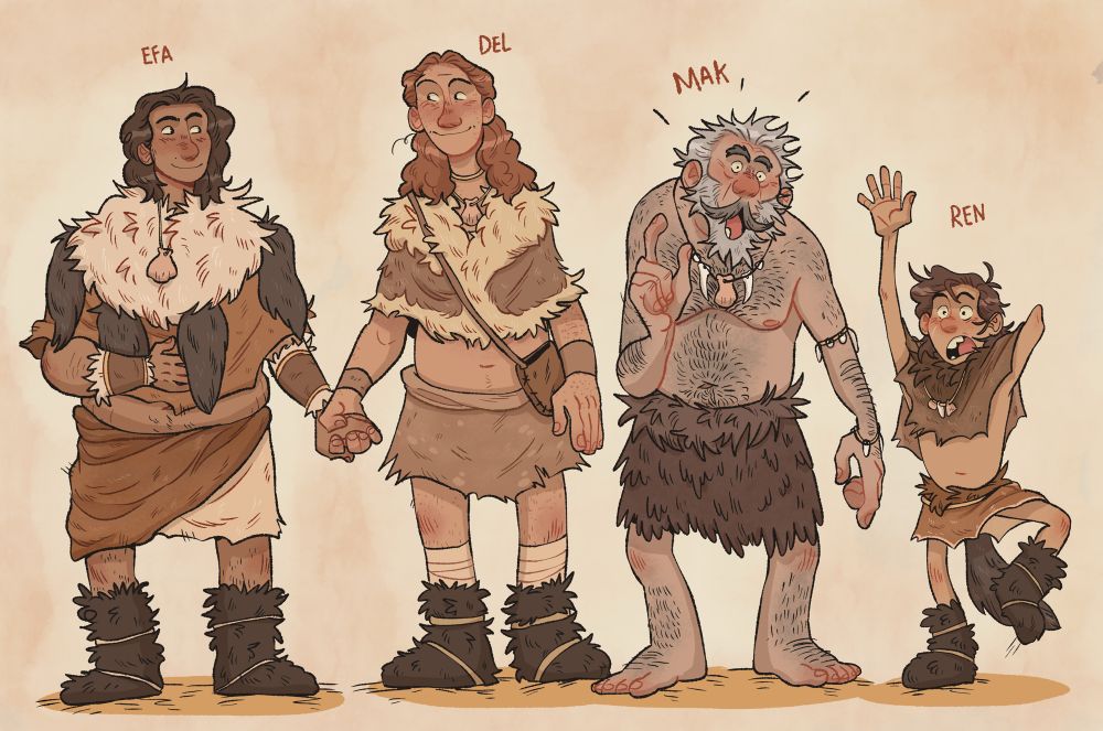 a family of four neanderthals. Two mothers, a grandfather and a young boy.