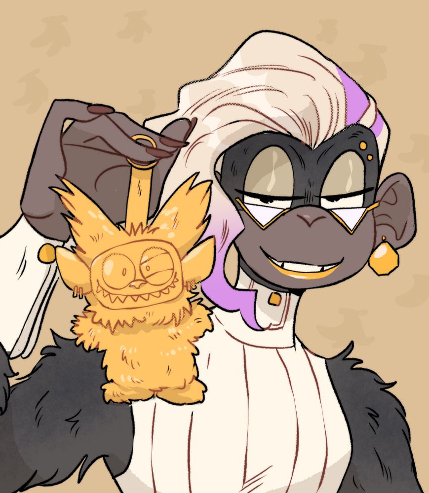 digital drawing of dk bananza character Poppy Kong holding up a labubu-ified version of Void Kong, like the 24 karat gold labubu meme