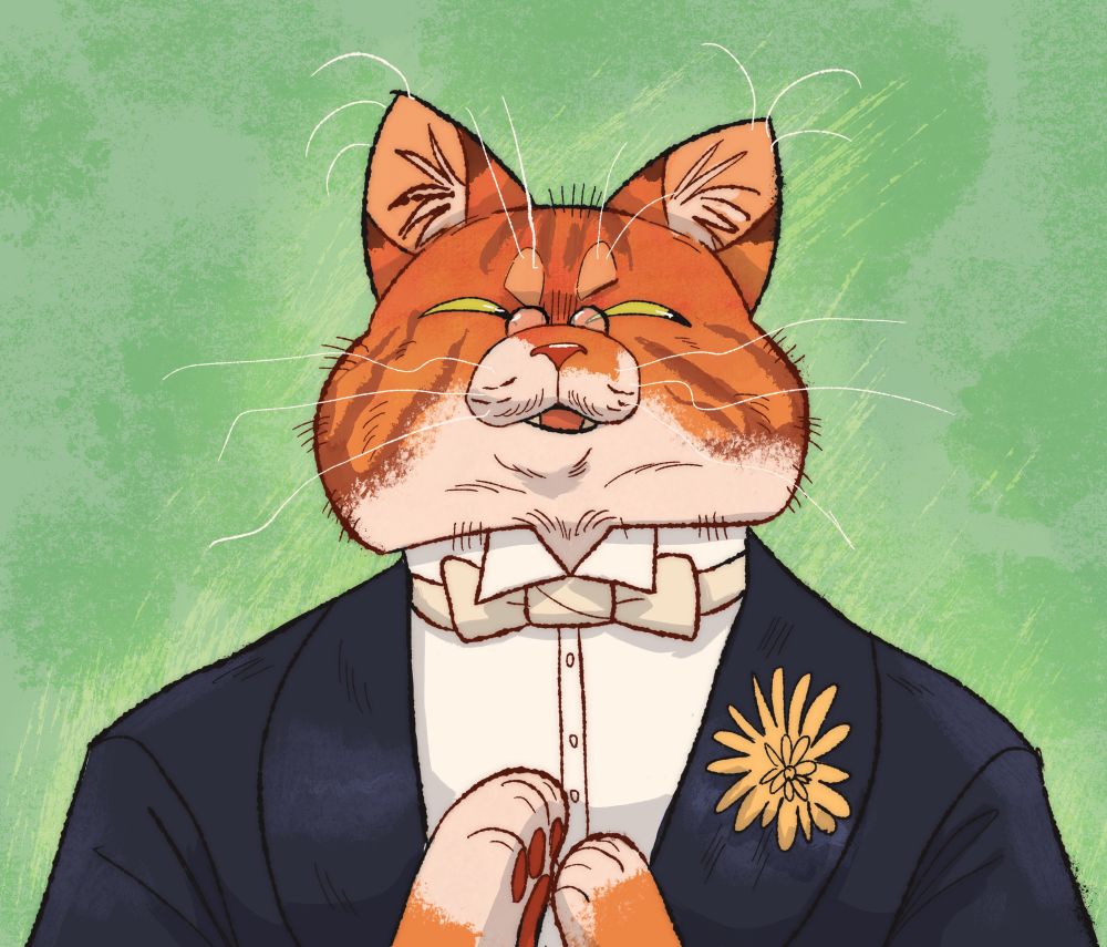 a digital drawing of a orange tabby cat wearing a smart suit. he has big poofy tom cat cheeks and has a bow tie and a yellow flower on the lapel of his blazer. he also has a teeny tiny pair of glasses perched on the bridge of his nose