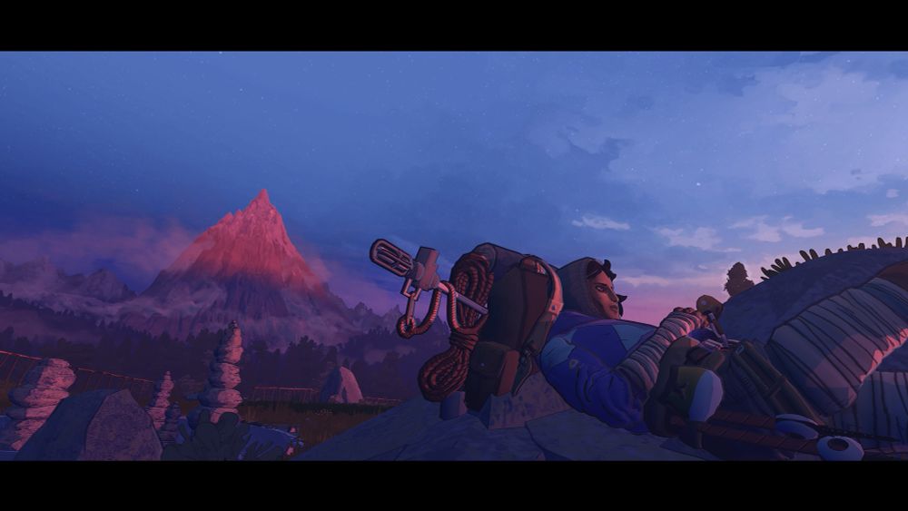 a photo mode photo I took of the protagonist of Cairn reclining against her rucksack in the foreground. It's sunrise, and the sun is catching on the mountain in the background.