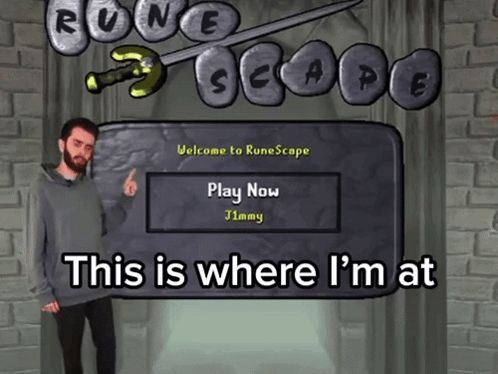 a man stands in front of a sign that says runescape play now jimmy