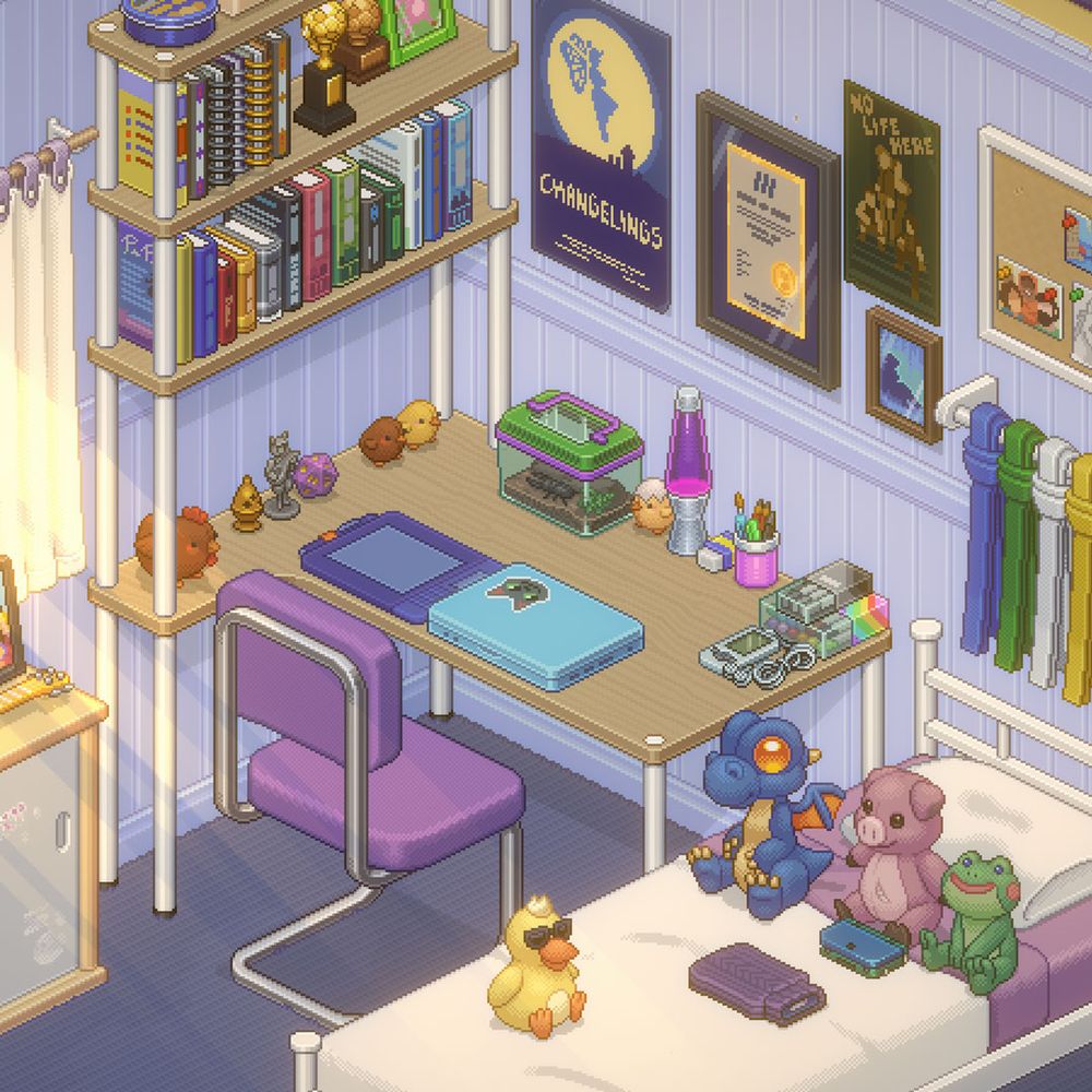 The 2012 level of Unpacking, with plushies on the bed and computers on the table. Chick plushies are scattered around. The diploma is on the wall