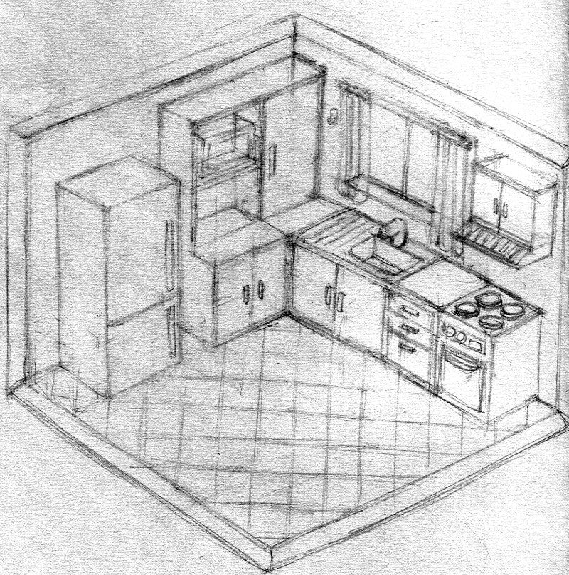 An early sketch of the final kitchen in Unpacking