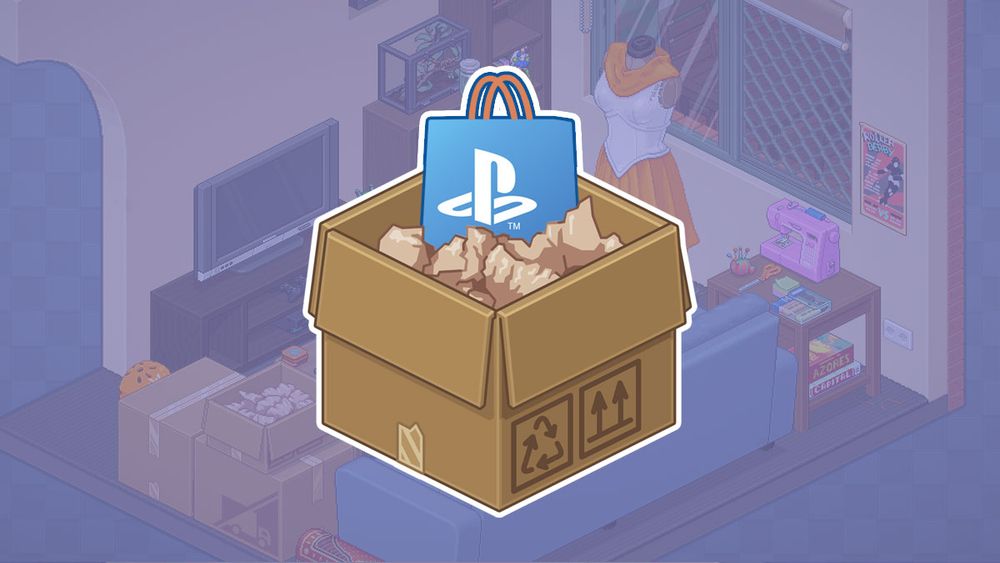 The box from Unpacking with the logo from the PlayStation Store coming out of it