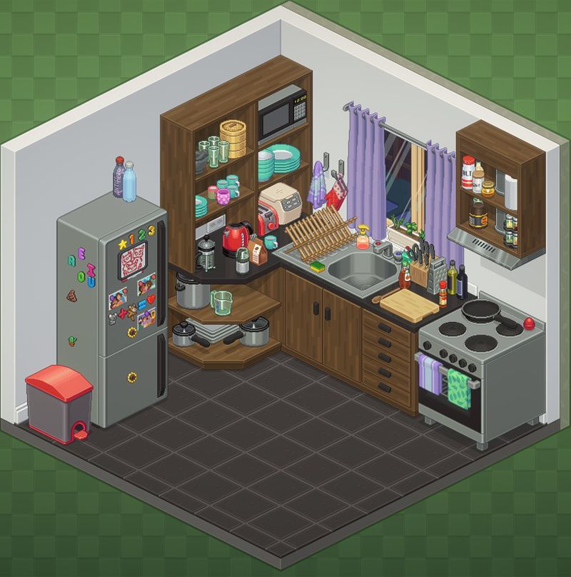 The final version of the final level kitchen in Unpacking. with items unpacked and more open shelves than the sketch
