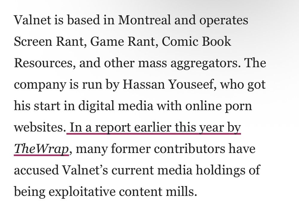 A screenshot from an article from TheWrap titled "Valnet Blues: How Online Porn Pioneer Hassan Youssef Built a Digital Media ‘Sweatshop". The text in the screenshot says:

"Valnet is based in Montreal and operates Screen Rant, Game Rant, Comic Book Resources, and other mass aggregators. The company is run by Hassan Youseef, who got his start in digital media with online porn websites. In a report earlier this year by TheWrap, many former contributors have accused Valet's current media holdings of being exploitative content mills."