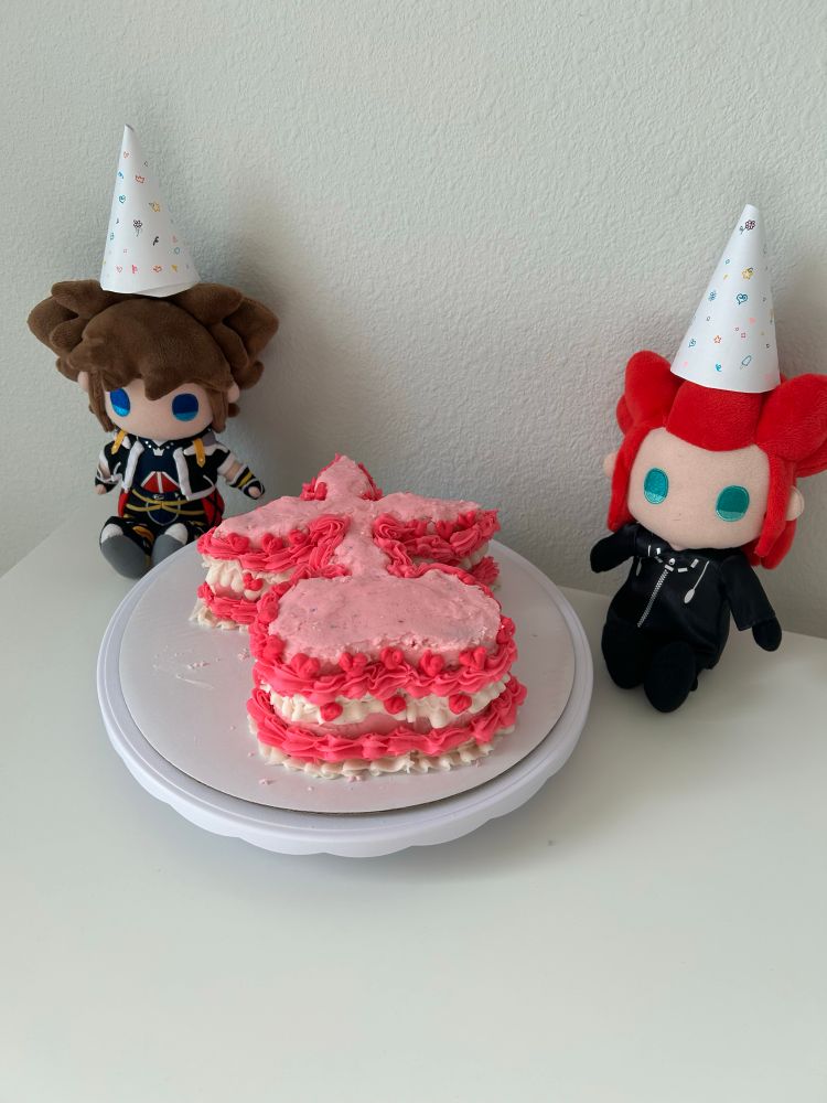 A top down view of a cake with pink and white ruffly frosting. It is in the shape of a nobody sigil from kingdom hearts. There are also plushies of Sora and Axel from kingdom hearts. They are wearing crude part hats with items from the game series drawn on them. 