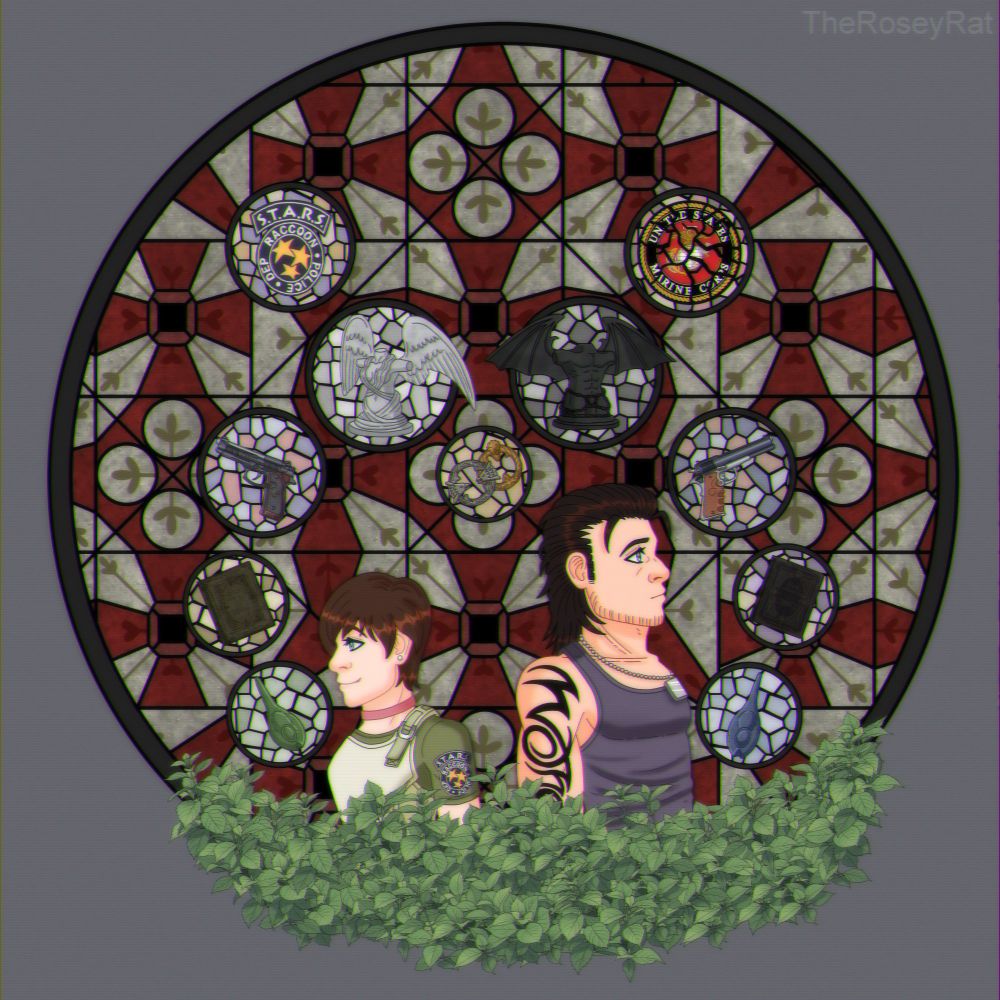 An illustration of Rebecca Chambers and Billy Coen from Resident Evil in front of a stained glass with various emblems that represent them throughout the course of the game.