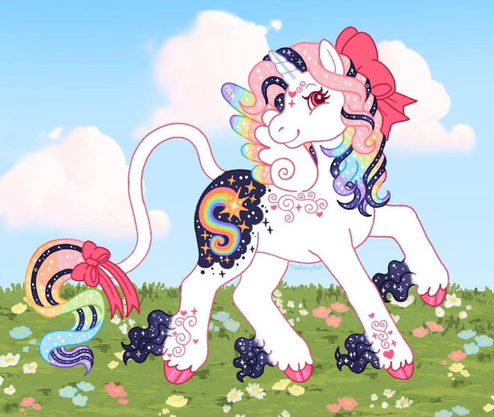 An illustration of a pony drawing in the style of the second generation of My Little Pony Toys. She has a white coat, with wings, a horn, and a long tail reminiscent of a traditional unicorn. Her hair is rainbow colored with streaks of dark blue galaxy. She has dark blue galaxy feathering around her hooves, which are hot pink. Her horn is iridescent and her wings have rainbow coloring on the feathers. Her eyes are hot pink, and she has a hot pink bow in her mane and tail. She also has pink decorative markings on her head, body, and legs. Behind her is a blue sky with pinkish clouds. Beneath her is the ground, green grass with white, blue, pink, and yellow flowers.