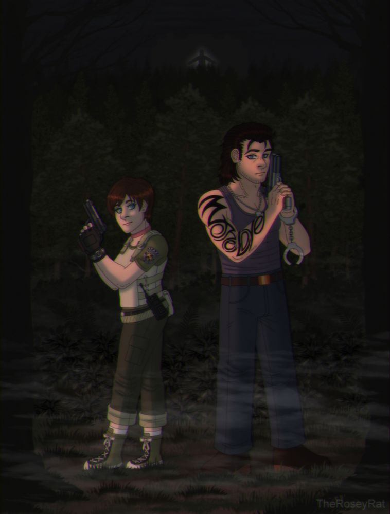An illustration of Rebecca Chambers and Billy Coen from Resident Evil 0. They are in a dark, foggy forest with their weapons drawn. Above them, a silhouette of James Marcus looms.