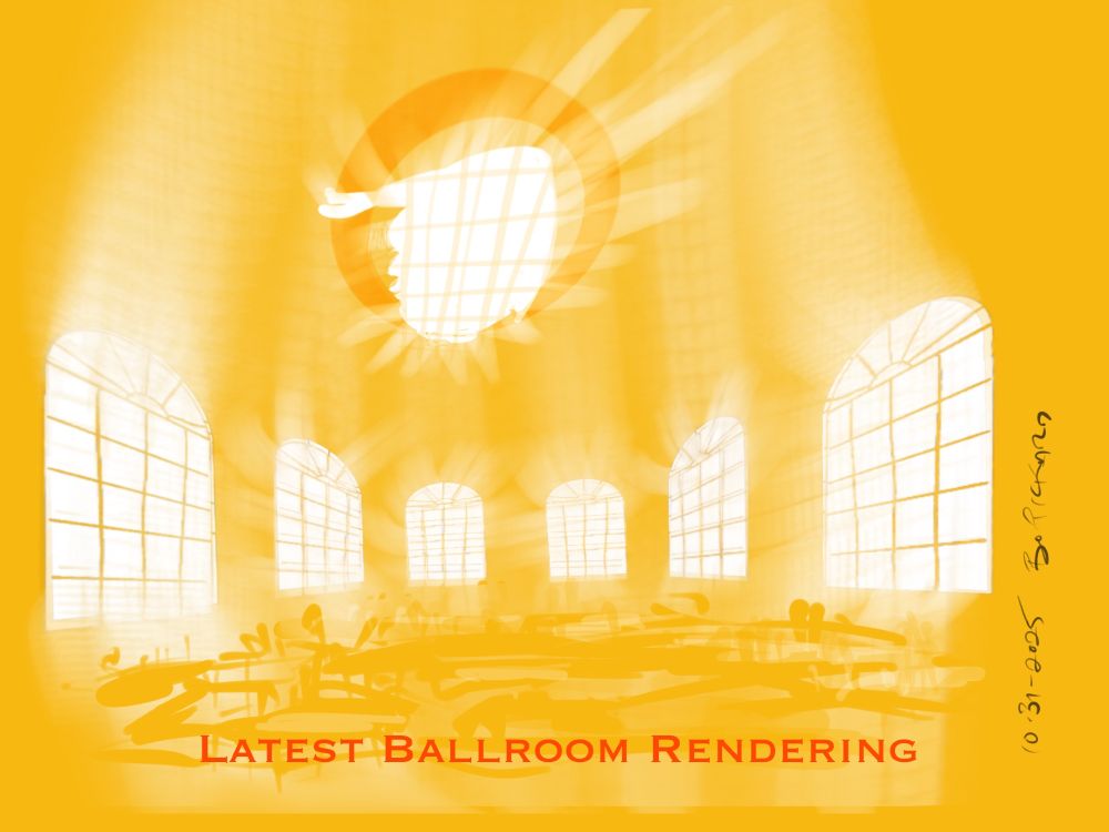 Cartoon drawing of the interior of Trump's ballroom. Everything is gold. In the ceiling is a skylight in the shape of Trump's profile. It's labelled "Latest Ballroom rendering"