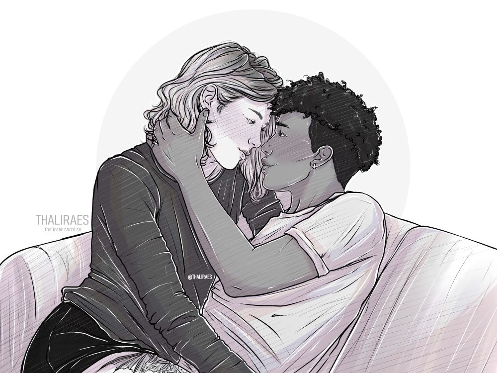 desenho 2d de dois rapazes no sofá, um sentado no colo do outro. 