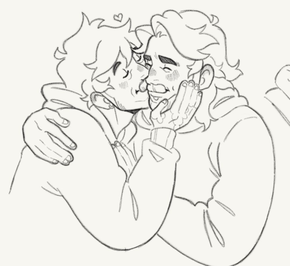 Two men embracing each other, one is cupping the other’s face in his hand and is kissing him on the cheek. The one on the left is Boone and the one on the right is Bailey. 