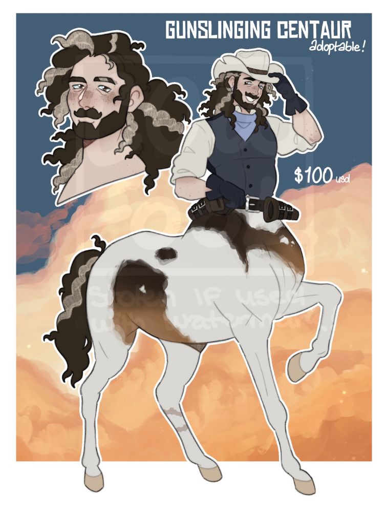 a cowboy centaur with a white body with brown patches. he has curly brown hair with blond highlights, a dark brown beard with a curled mustache, a white hat, blue vest, blue bandana, and has two gun holsters for dual wielding. He's grinning at the viewer in the full body picture, and smiling gently in the portrait. He is $100 USD.