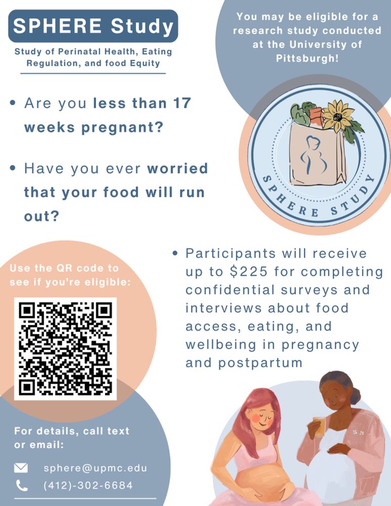 You may be eligible for a research study conducted at the University of Pittsburgh! Are you less than 17 weeks pregnant? Have you ever worried that your food will run out? Participants will receive up to $225 for completing confidential surveys and interviews about food access, eating, and wellbeing in pregnancy and postpartum. Us the QR code to see if you are eligible, or reach out to sphere@upmc.edu or text 412-302-6684 for more details.