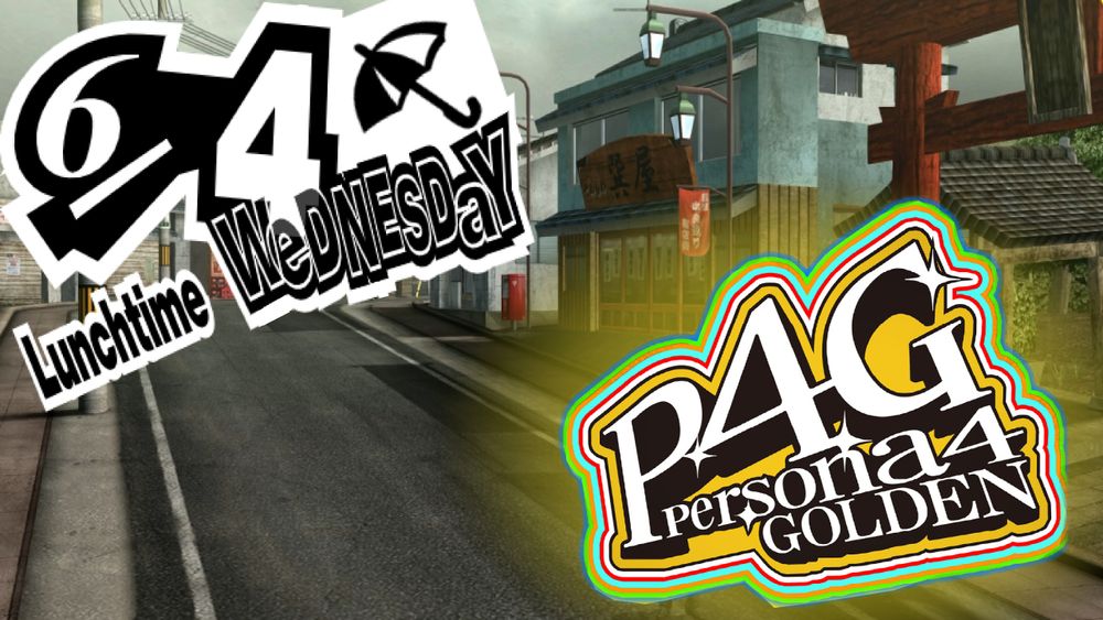 Image of Inaba's central shopping district, overlaid by today's date: Wednesday June 4th Lunchtime, along with the Persona 4 Golden Logo.