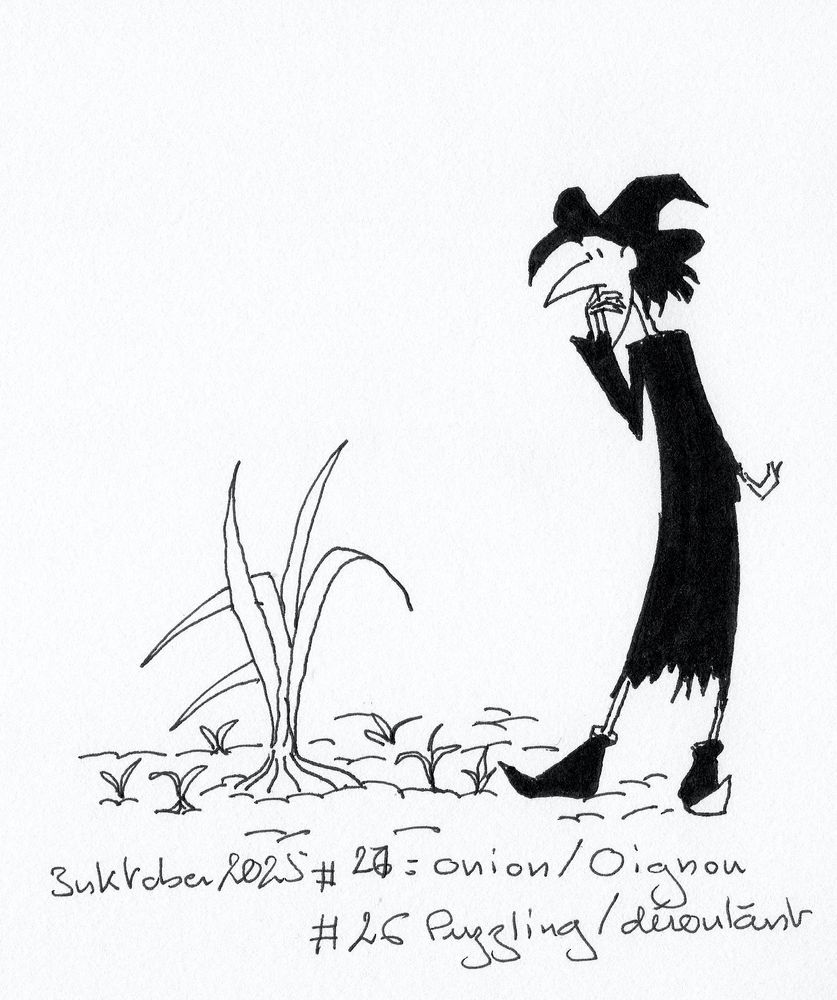 the witch is confused, watching what seems to be a giant onion, growing in the garden