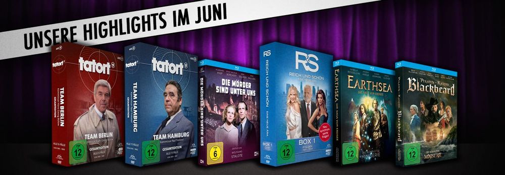 Eine Übersicht über ausgewählte Highlights unserer DVD- und Blu-ray-Veröffentlichungen im Juni 2025, darunter zwei "Tatort"-Boxen sowie die Miniserien "Earthsea" und "Blackbeard".