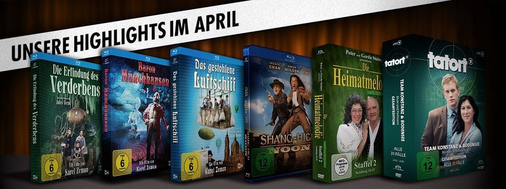 Die Cover-Ansichten einiger Highlights unserer Heimkino-Veröffentlichungen auf DVD und Blu-ray im April 2025: drei märchenhaft schöne Filme von Karel Zeman (Die Erfindung des Verderbens, Baron Münchhausen und Das gestohlene Luftschift, zwei davon als Blu-ray-Premieren), die Neuauflage von Jackie Chans Western-Comedy-Hit Shang-High Noon, die 2. Staffel von Die Heimatmelodie mit den Steiners sowie eine neue Tatort-Gesamtedition - diesmal mit dem Team von Konstanz am Bodensee.