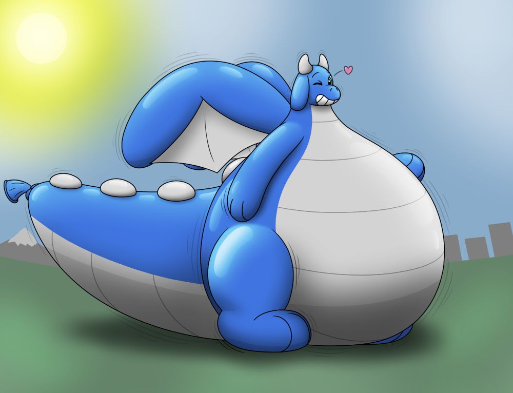 Shred, a blue balloon dragon with a massively wide pear shape, huge belly and thick tail winking at the viewer. Its hard to tell how big he really is (though he's probably absolutely massive, as expected :P).