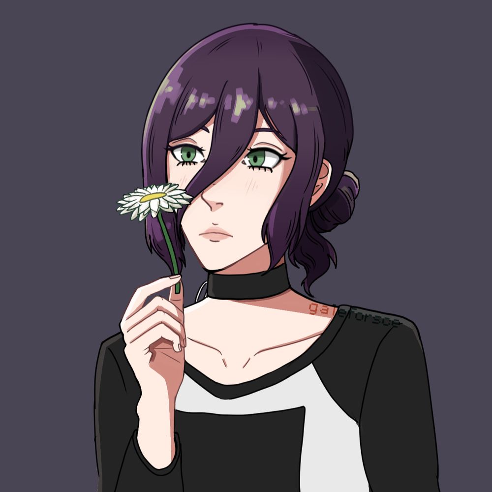 Fanart portrait of Reze from Chainsaw Man. She is staring slightly to one side at a flower she is holding up in her right hand. She has a melancholy expression on her face.