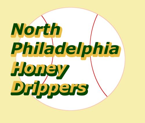 mockup logo for the north philadelphia honey drippers, the text in green and yellow against a baseball with a yellow backdrops