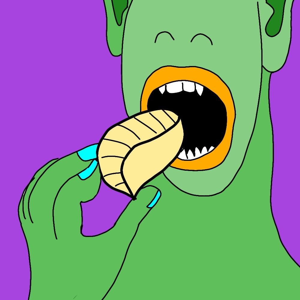 Drawing of a green skinned person with rather sharp teeth about to bite into a conchiglione. 