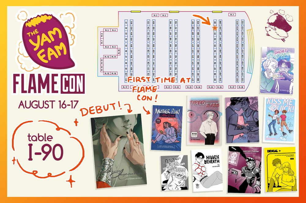 Graphic advertising "The Yam Fam at Flame Con, August 16-17, Table I-90"). Features a map of the convention and images of queer romance comic covers and TGCF, SVSSS, Yuri on Ice, and Gundam fanbooks.
