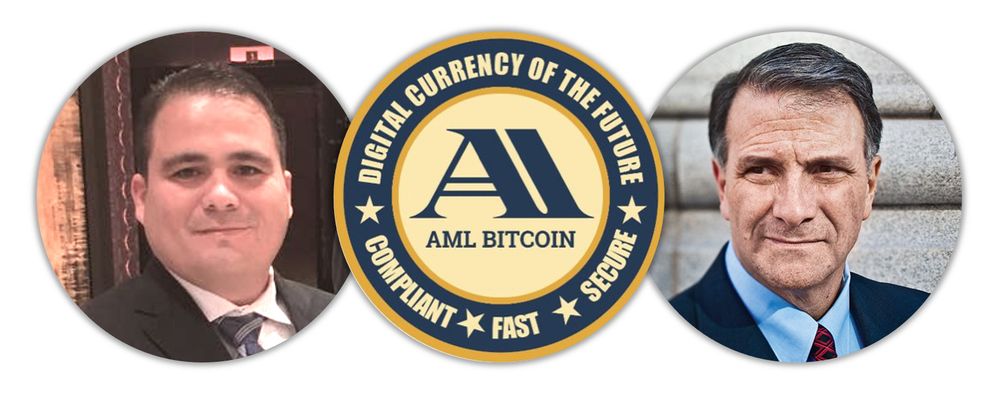 Image shows from left to right: Rowland MarcusAndrade, AML BitCoin logo, Jack Abramoff