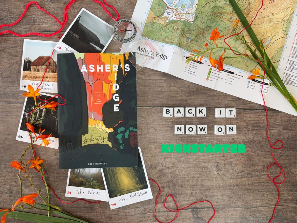 A copy of Asher's Ridge sits among photos and a map. Letter tiles spell out 