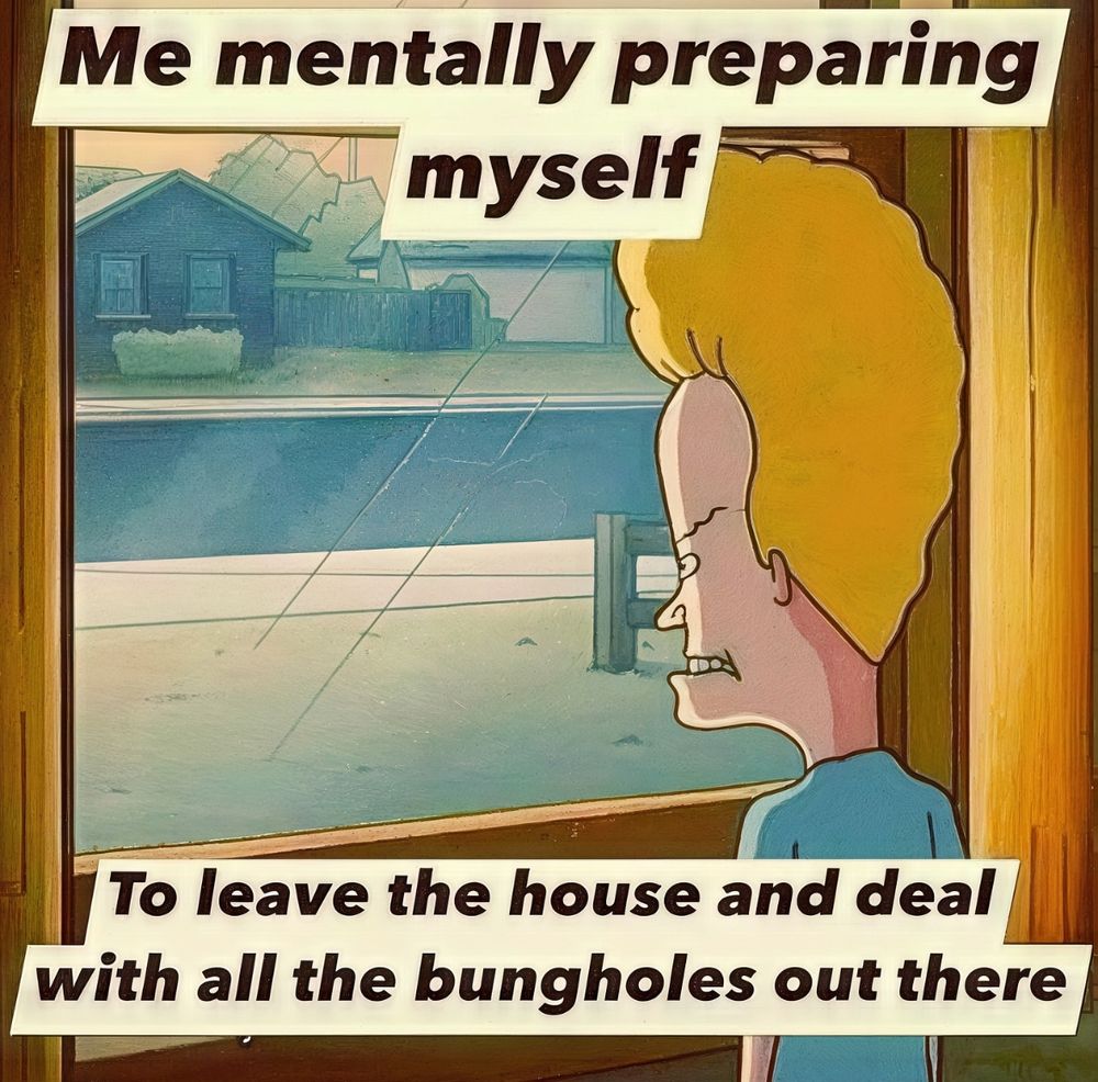 Beavis from the show “Beavis and Butthead” pensively staring out of a window toward his front yard and the empty street in his neighborhood with a caption that says “Me Mentally Preparing Myself to leave the house and deal with all the bungholes out there.”
