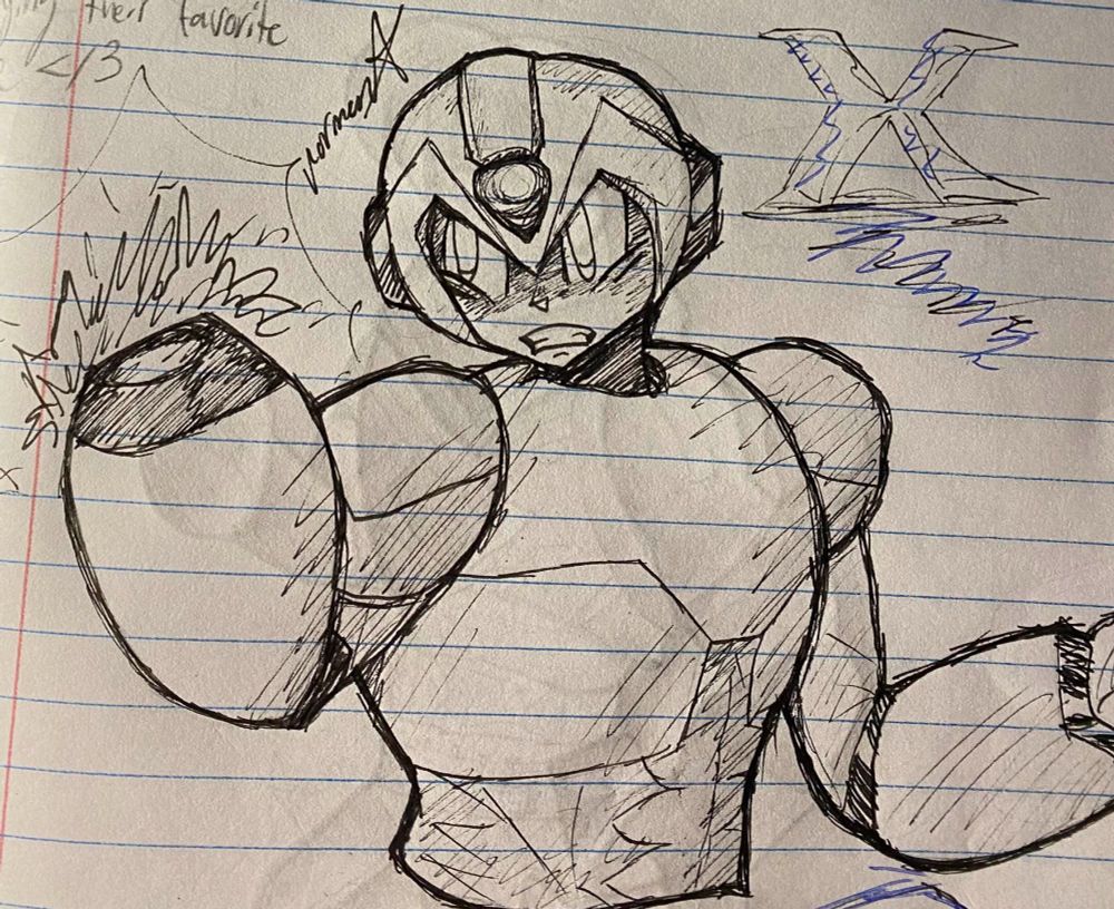 X from the Mega Man X franchise, on notebook paper.