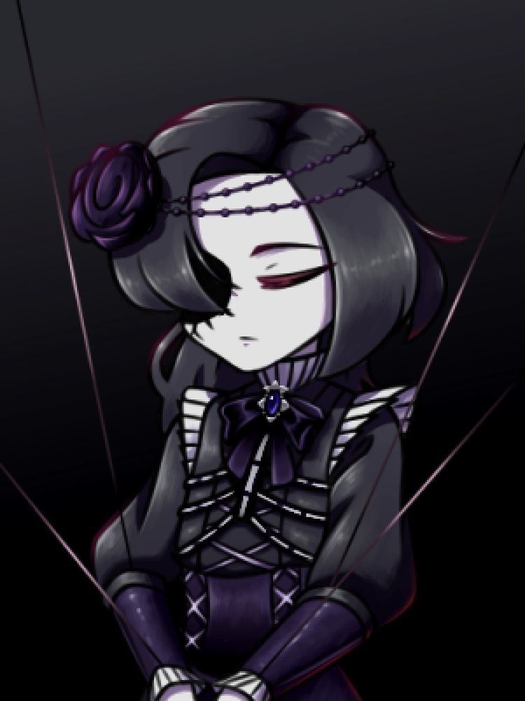 Pale humanoid marionette with black hair and half his face cracked. He is wearing a dark gothic outfit with strings around his wrists and elbows. 