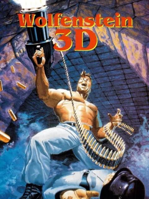 Wolfenstein 3D cover(?) art showing the main character firing a chaingun with one hand and holding the ammo belt with another.