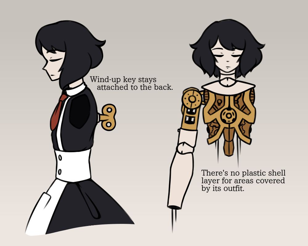 Side view of a doll-like robot in a maid outfit with a key mounted to their back. There's also a cutaway front view showing the brass internals under the clothing