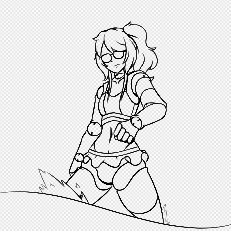 Lineart drawing of a doll-like robot in a swimsuit wading over water in a pose similar to Gipsy Danger from pacific Rim