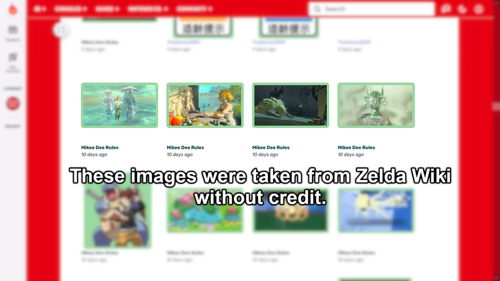 Screenshot of Fandom with several images taken without credit from Zelda Wiki.